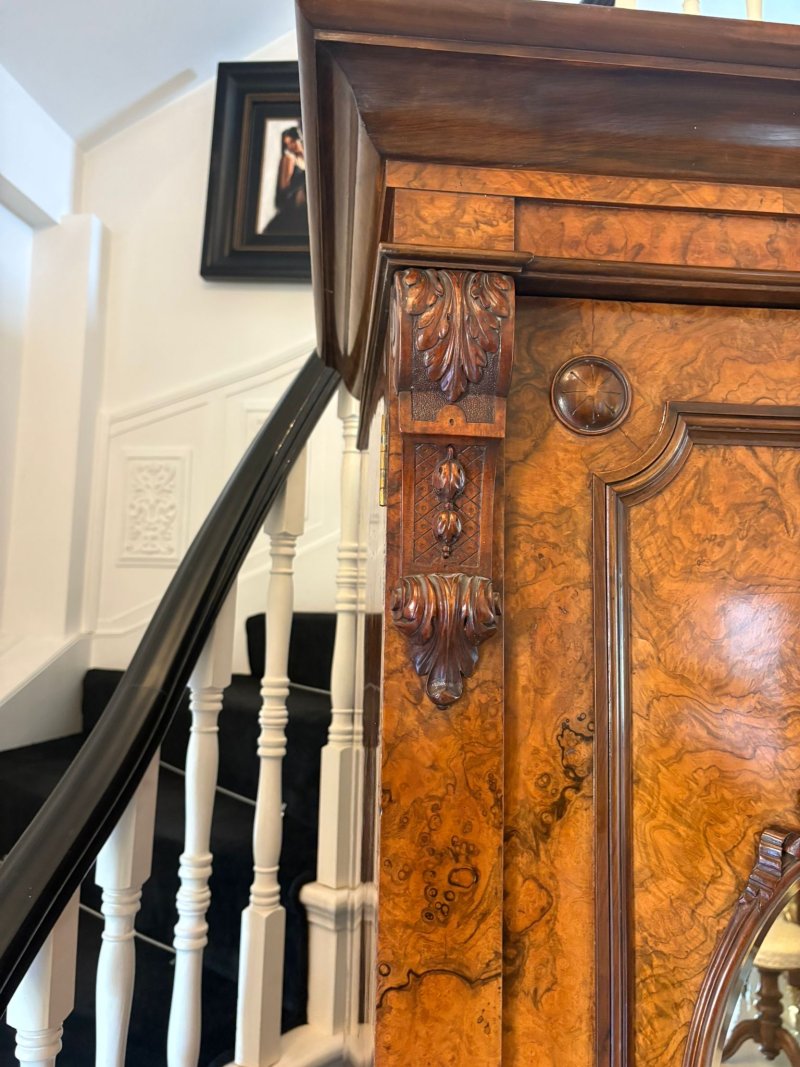 Outstanding Quality Large Antique Victorian Unusual Carved Burr Walnut 3 Door Wardrobe - Image 11